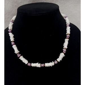 Vintage Puka Shell Heishi Jewelry White Lavender Purple Nuggets Necklace Hawaii
